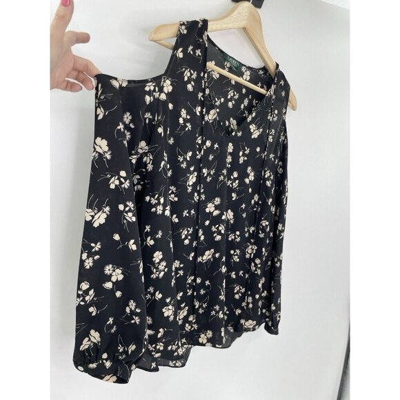 Lauren Ralph Lauren Chalsie Black Floral Print Blouse Cold Shoulder Top Size PL - Picture 8 of 14